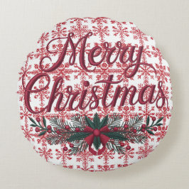 Almofada Redonda Bordados Nórdicos de Noel | Flocos de neve vermelh