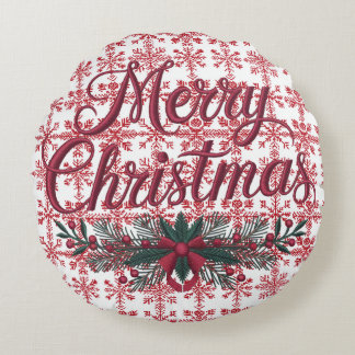 Almofada Redonda Bordados Nórdicos de Noel | Flocos de neve vermelh