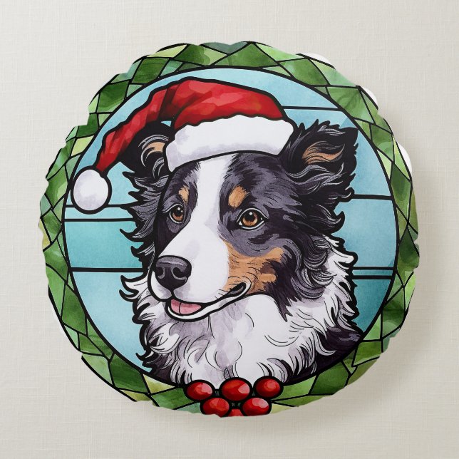 Almofada Redonda Border Collie Vidro Colorido Natal (Frente)