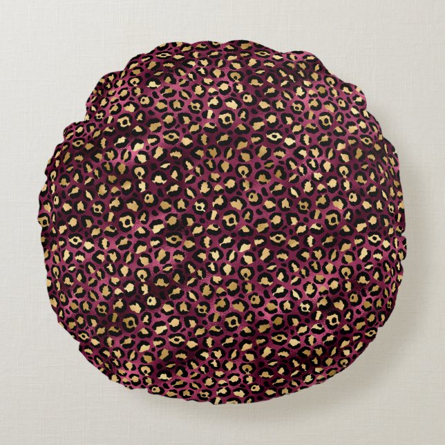 Almofada Redonda Bordô e Dourado Leopardo Série Design 1 (Frente)