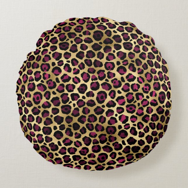 Almofada Redonda Bordô e Dourado Série Leopardo Design 2 (Frente)