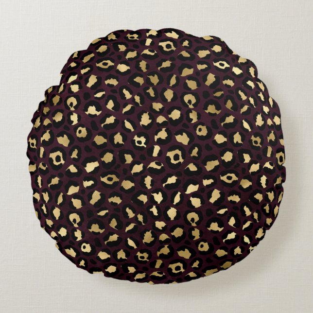 Almofada Redonda Bordô e Dourado Série Leopardo Design 8 (Frente)