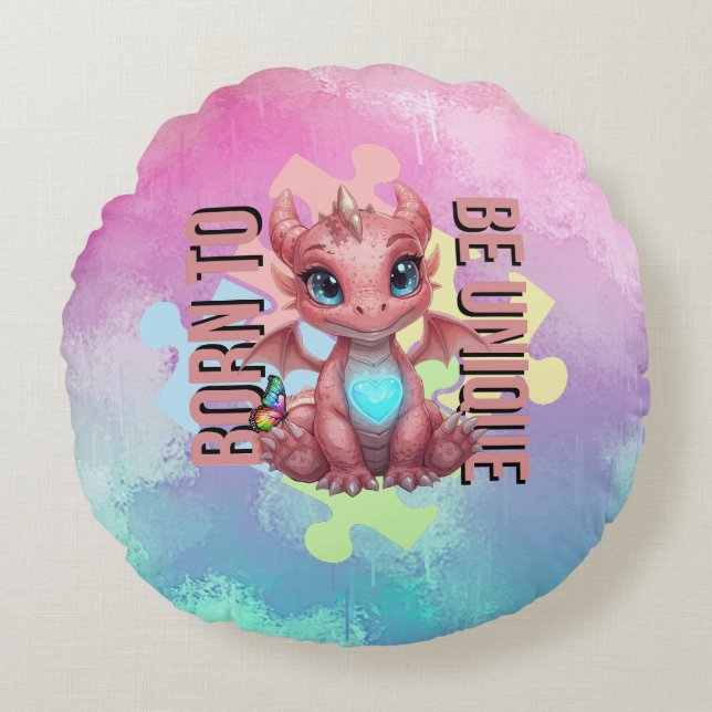 Almofada Redonda Born to Be Unique – Dragon Heart Cute Baby Dragon  (Frente)