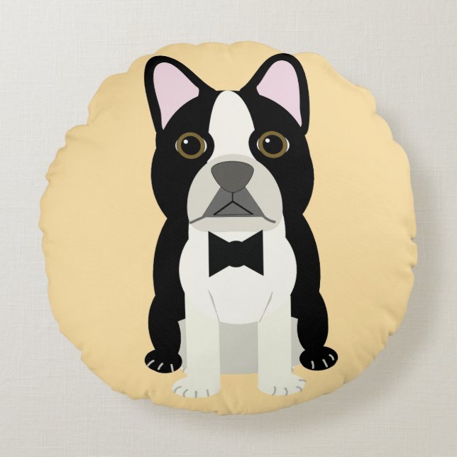 Almofada Redonda Boston Terrier bege (Frente)