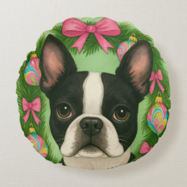Almofada Redonda Boston Terrier Christmas Pillow