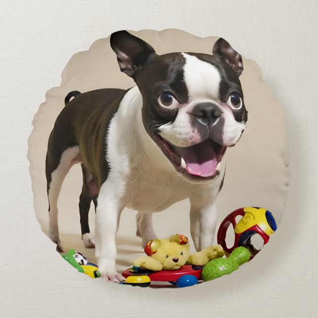 Almofada Redonda Boston Terrier Dog Brincando com Brinquedos (Frente)