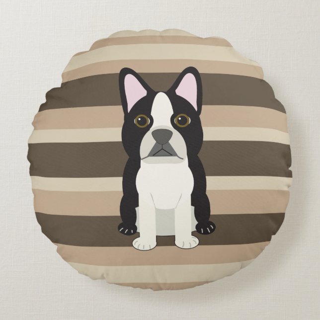 Almofada Redonda Boston Terrier Neutro listrado  (Frente)
