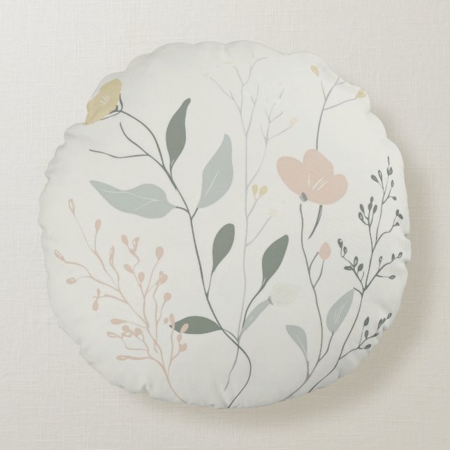 Almofada Redonda Botânica Suave – Flor Silvestre Pastel Minimalista (Frente)
