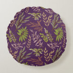 Almofada Redonda Botanical Leaves: A Stunning Purple Back<br><div class="desc">Seamless pattern of various green and brown botanical leaves on a deep purple background. The design is intricate and vibrant,  conveying a lively tone.</div>