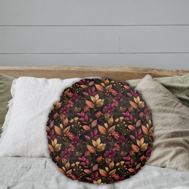 Almofada Redonda Botânicos Florais Aquarela Preto Dourado Borgonha (Burgundy gold black watercolor botanical leaves florals round bedroom or living room pillow)