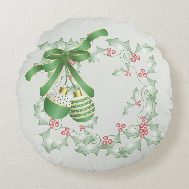 Almofada Redonda Boughes of Holly Light Green Pink (Frente)