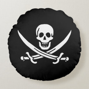 Almofada Redonda Branca, Bandeira Pirata Calico Jack, Caveira e Cut