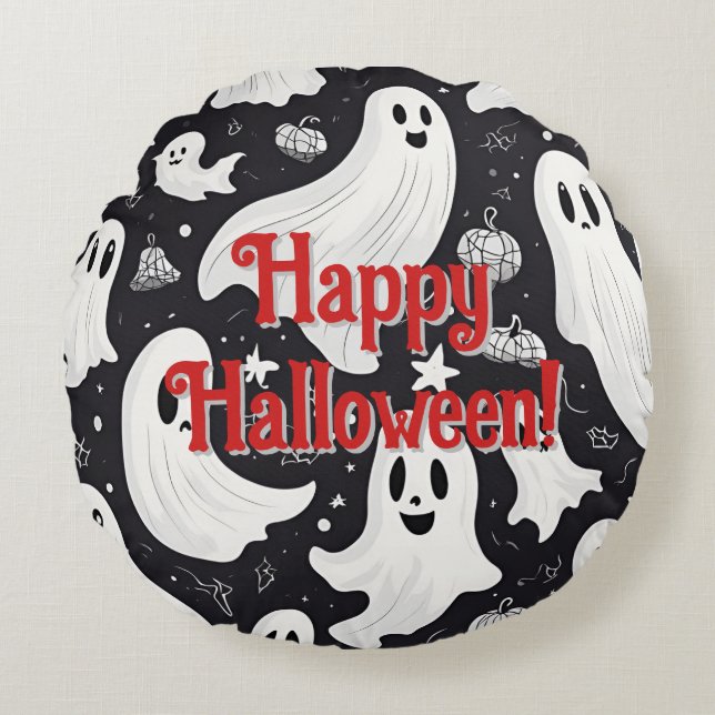 Almofada Redonda Branca Branca do Fantasma Fantasma Negro (Frente)