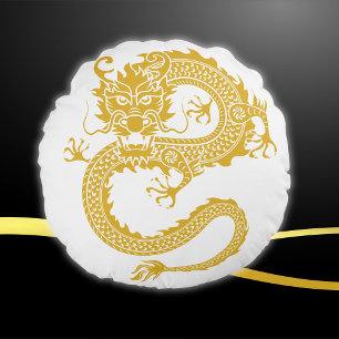 Almofada Redonda Branco, Dourado e Preto, Dragão Chinês Zodiac