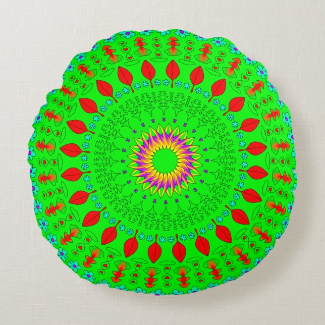 Almofada Redonda Bright Green Round Bohemian Throw Pillow (Frente)