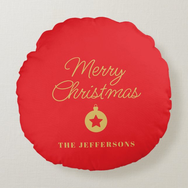 Almofada Redonda Bright Red & Gold Colors Merry Christmas (Frente)