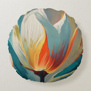 Almofada Redonda Brilho Floral Abstrato em Turquesa e Laranja