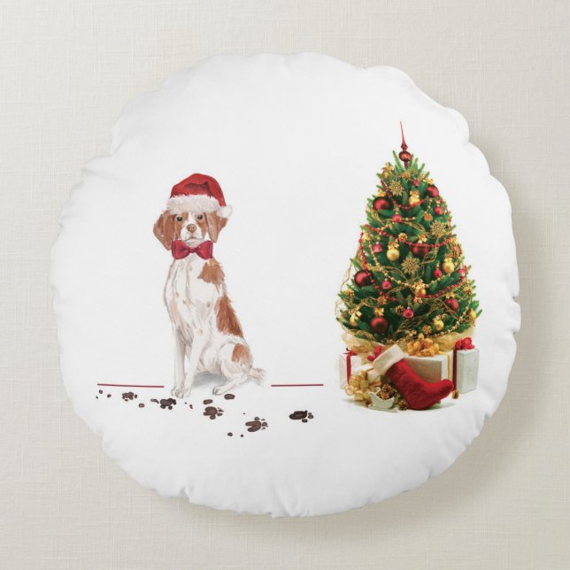 Almofada Redonda Brittany Natal Divertido Cachorro e Árvore (Frente)