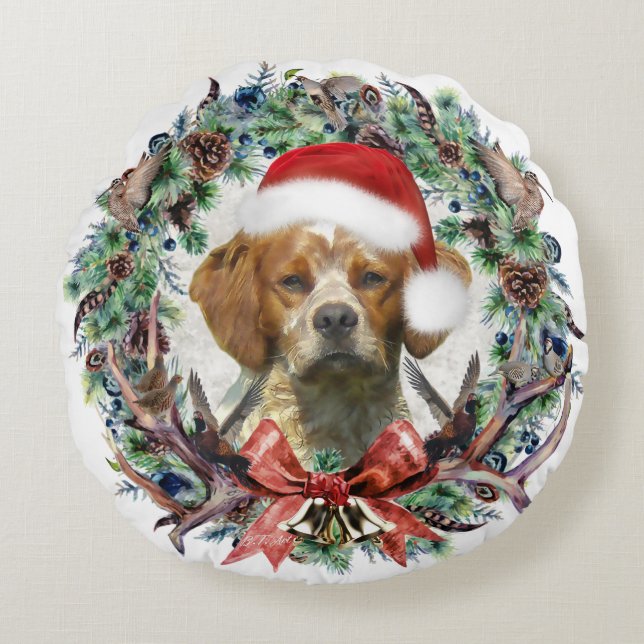 Almofada Redonda Brittany Spaniels , Natal (Frente)