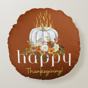 Almofada Redonda Brown Rustic Happy Graças Floral Pumpkin