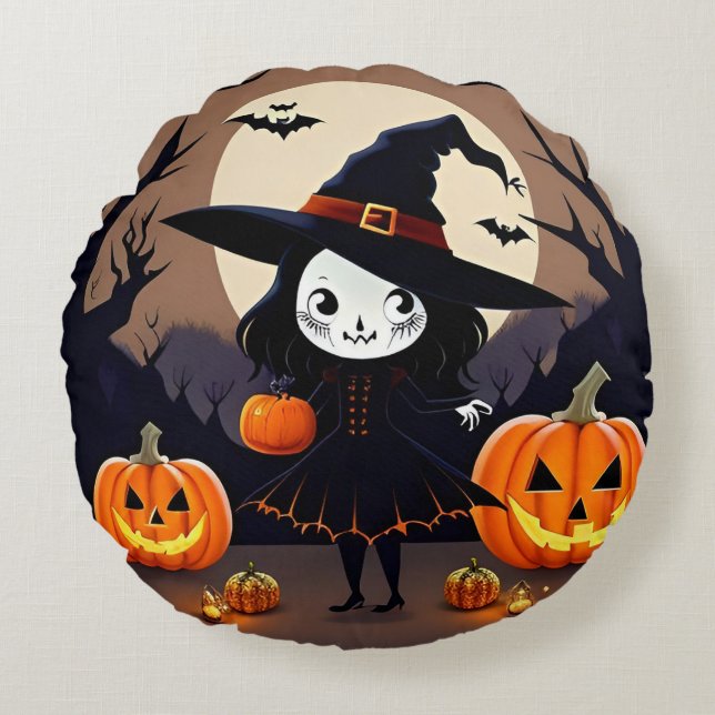 Almofada Redonda Bruxa de Halloween com Abóboras (Frente)