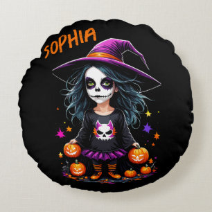 Almofada Redonda Bruxa de Halloween de Kawaii, um Adorável e Bonito