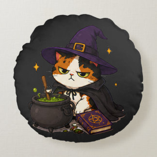Almofada Redonda Bruxa Gata Mal-Humorada Halloween 