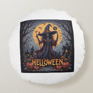 Almofada Redonda Bruxa Gótica debaixo da Lua cheia - Halloween escu