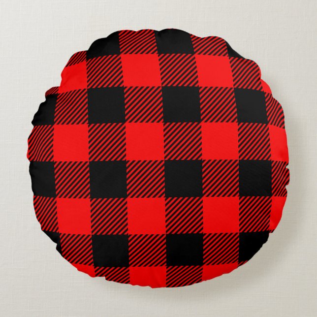 Almofada Redonda Buffalo Check Red and Black Lumberjack Xadrez Deco (Frente)