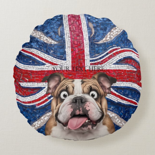 Almofada Redonda Buldogue britânico com bandeira da União como pano (Frente)