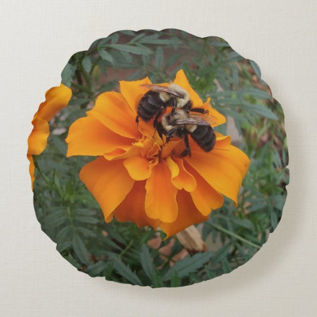 Almofada Redonda Bumblebees on Marigold Flower (Frente)