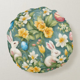 Almofada Redonda Bunnies, Flores de primavera e Ovos de Páscoa. Pin