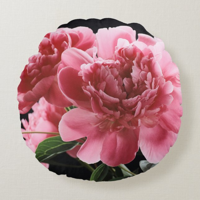 Almofada Redonda Buquê de Pedônia Fechado: Vermelho Cor-de-rosa (Frente)