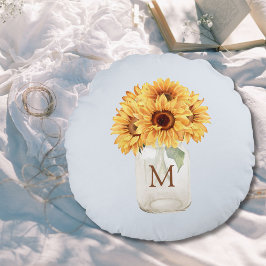 Almofada Redonda Buquê Russo de Girassol de Aquarela em Mason Jar