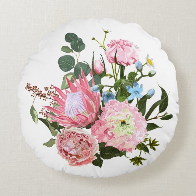 Almofada Redonda Buquê tropical com flores rosa. (Frente)