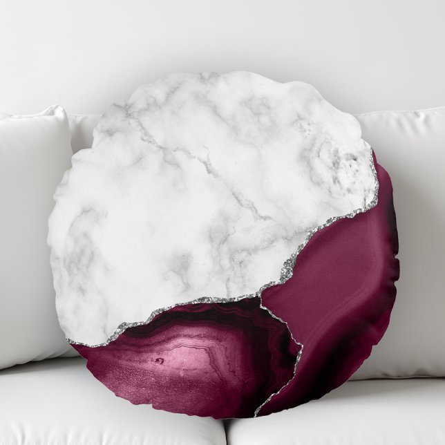 Almofada Redonda Burgundy Agate White Marble Gliter (Criador carregado)