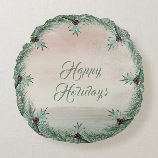 Almofada Redonda Burgundy Berry Holly Pine Christmas Round Pillow (Frente)