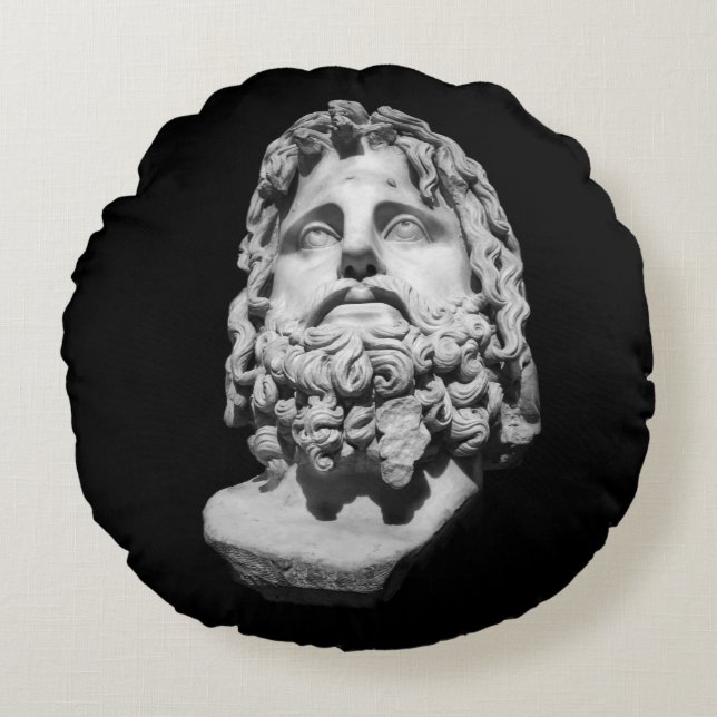Almofada Redonda Busto de mármore greco-romano clássico preto e bra (Frente)