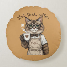 Almofada Redonda But First, Coffee Cat