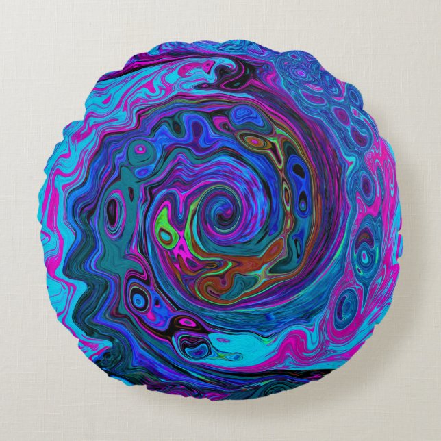Almofada Redonda Cabeça Abstrato retroativa azul e roxa (Frente)
