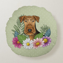 Almofada Redonda Cabeça de Airedale Terrier com Flores Coloridas de