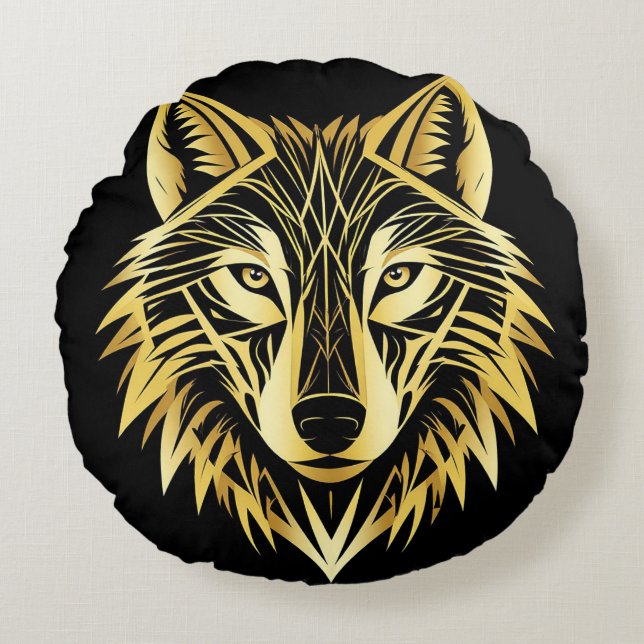 Almofada Redonda Cabeça de Lobo Dourado em Geométrico Preto 🐺 (Frente)