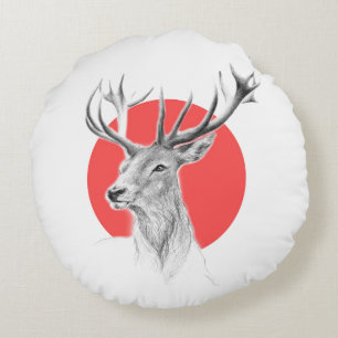 Almofada Redonda Cabeça de veado Estag desenho Círculo vermelho Art