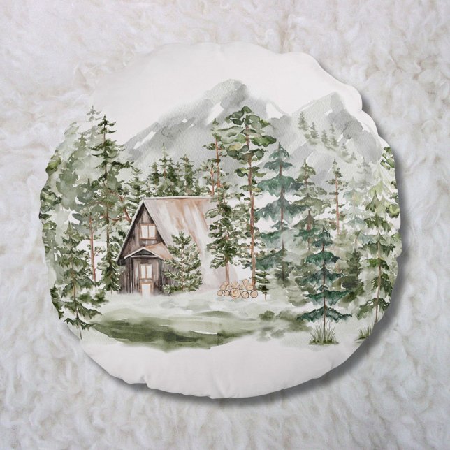 Almofada Redonda Cabina de Aquarela na Floresta de Pinheiros Verdes (In situ)