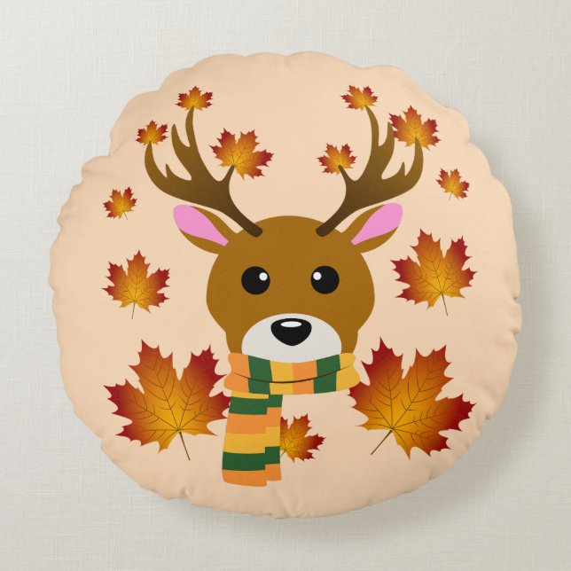 Almofada Redonda Cachecol de Outono Veado Folhas de Bordo (Frente)