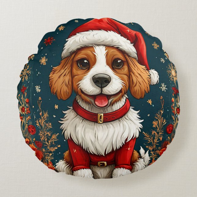 Almofada Redonda Cachorrinho de Natal Adorável (Frente)