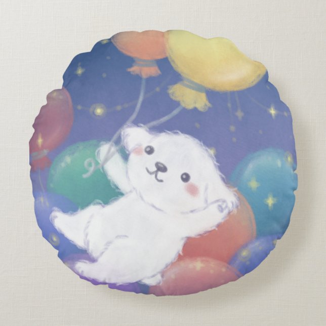 Almofada Redonda Cachorrinho Fofo com Balões & Estrelas (Frente)
