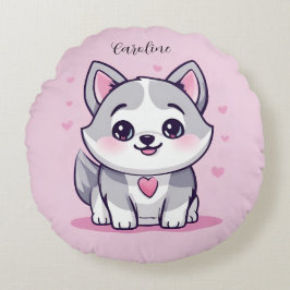 Almofada Redonda Cachorrinho Husky Kawaii Personalizado Rosa