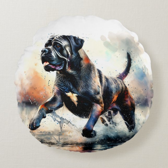 Almofada Redonda Cachorro Cane Corso em aquarela (Frente)