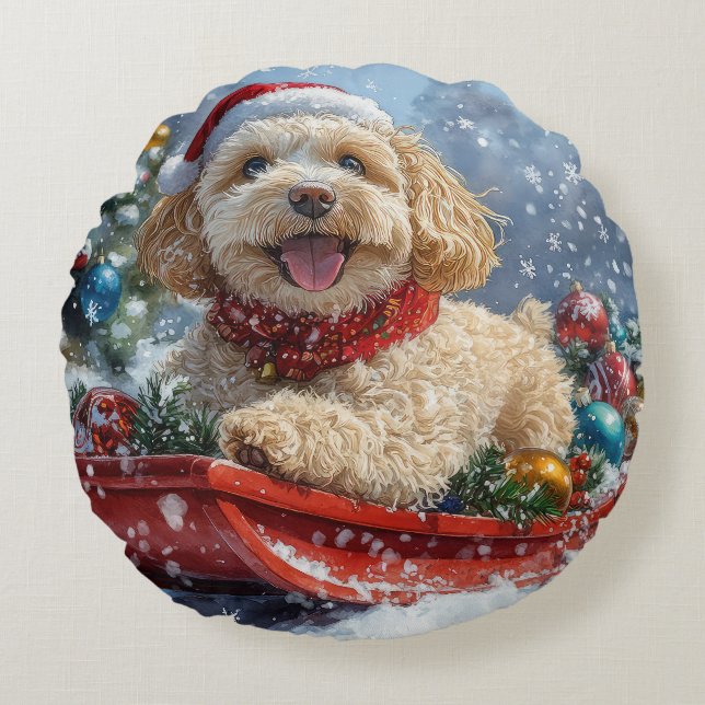Almofada Redonda Cachorro Cockapoo no Trenó Deixe Nevar Natal (Frente)